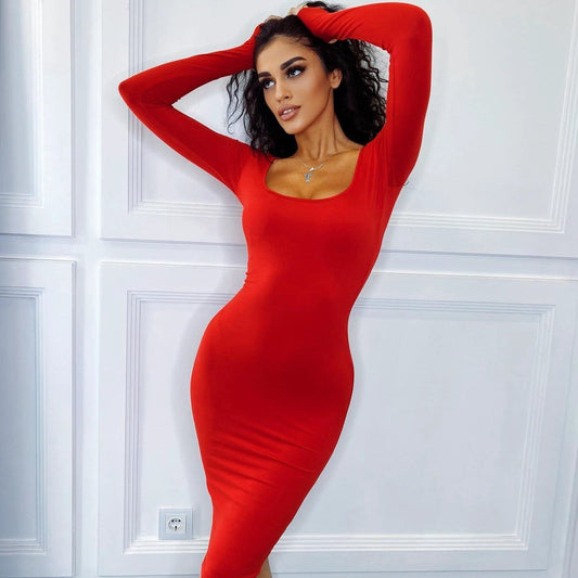 Fashion Square Collar Long Sleeve Solid Color Waist Tight Slimming Sheath Dress by GJG Denim