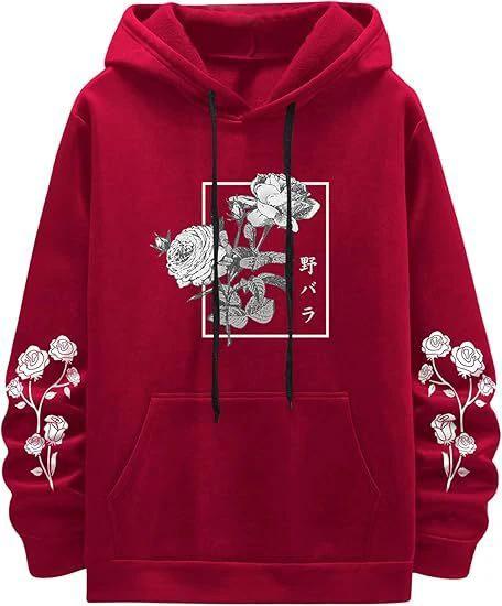 Men's Rose Print Casual Hooded Sweater by GJG Denim