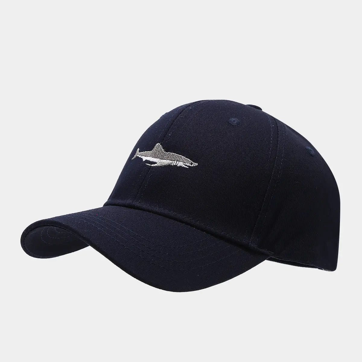 Solid Color Curved Brim Cotton Hard Top Shark Embroidered Baseball Cap For Men by GJG Denim