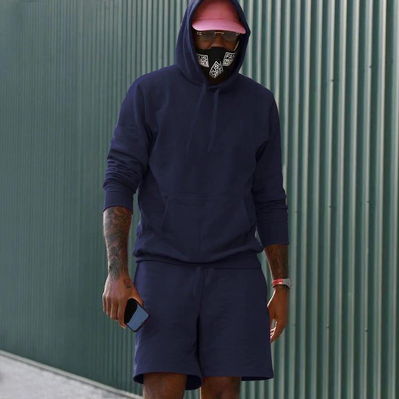 Men's Fleece-Lined Hoodie And Shorts Two-Piece Set by GJG Denim