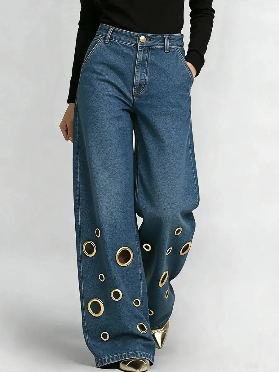 High-waisted Loose-fit Denim Jeans With Cutout Detailing And Metal Eyelets by GJG Denim