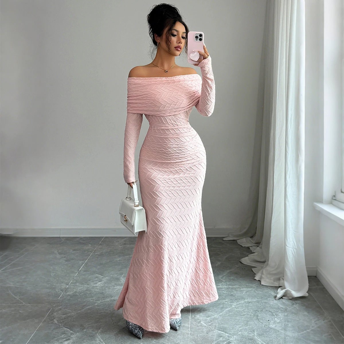 Elegant Simple Off-shoulder Long Sleeve Dress Women's Clothing by GJG Denim