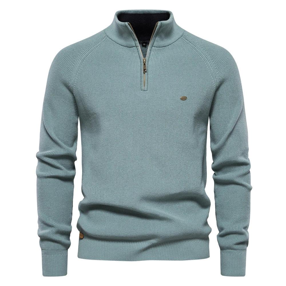 Men's Zipper Stand Collar Knitted Sweater Fashion Slim Solid Color Long Sleeve Half Turtleneck Top Men's Clothing by GJG Denim