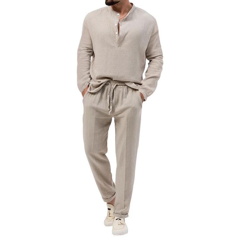 Solid Color Casual T-shirt Long Sleeve Shirt Pants Suit by GJG Denim