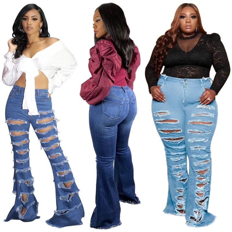 New Washing Trend Large Size Women's Torn Jeans by GJG Denim