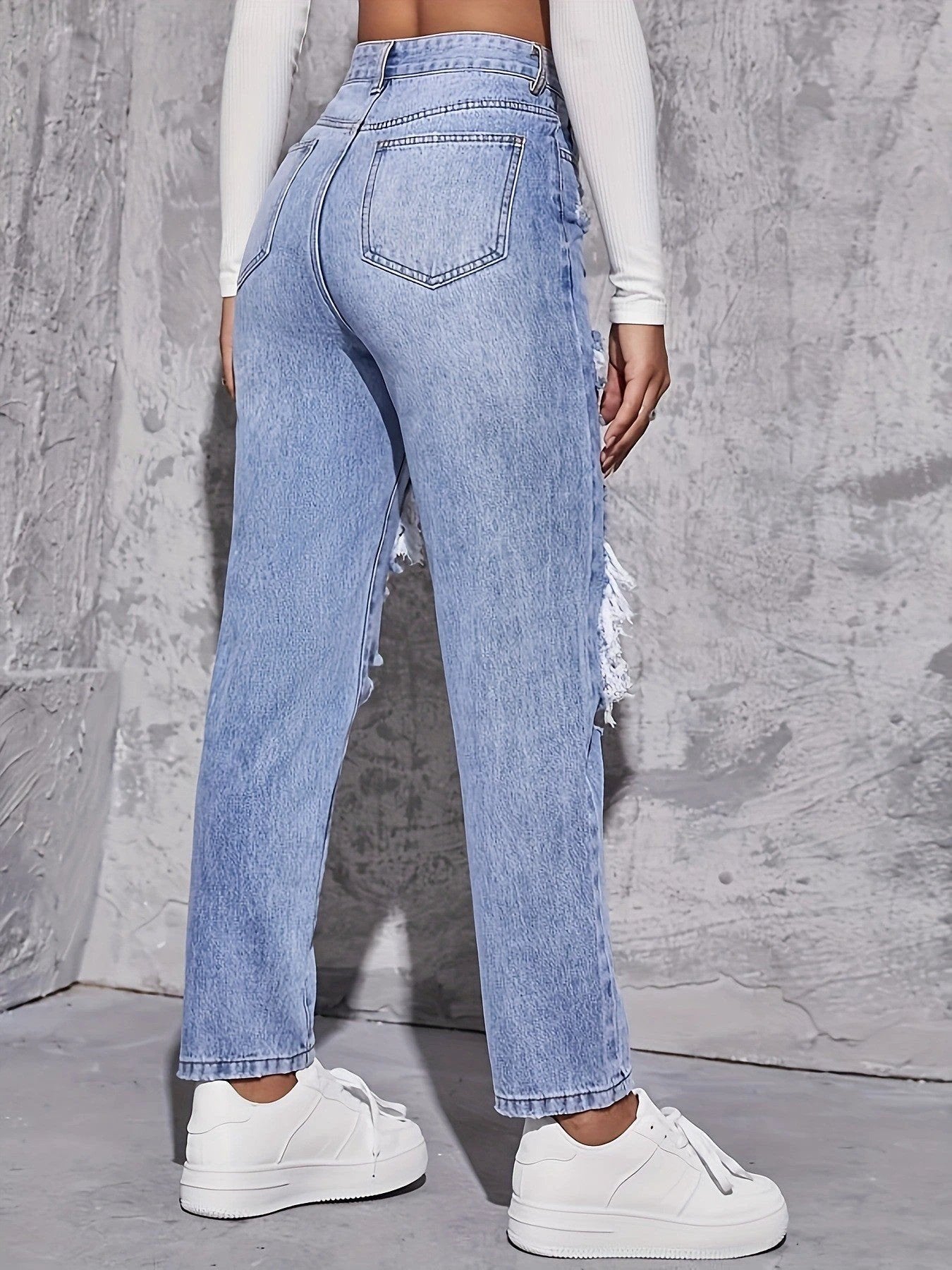 Women's Ripped Jeans, European And American Fashion, Stone Washed High-Waisted Straight Leg Long Pants, European And American Style by GJG Denim