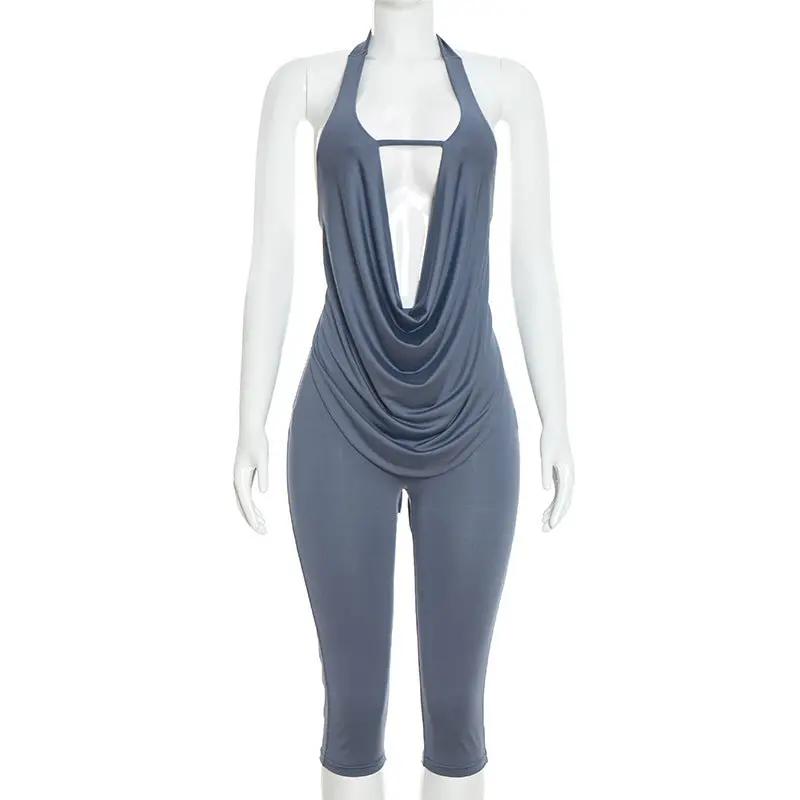 Womens Solid-color Spicy-chic Slimming Draped-neck Halter Set by GJG Denim