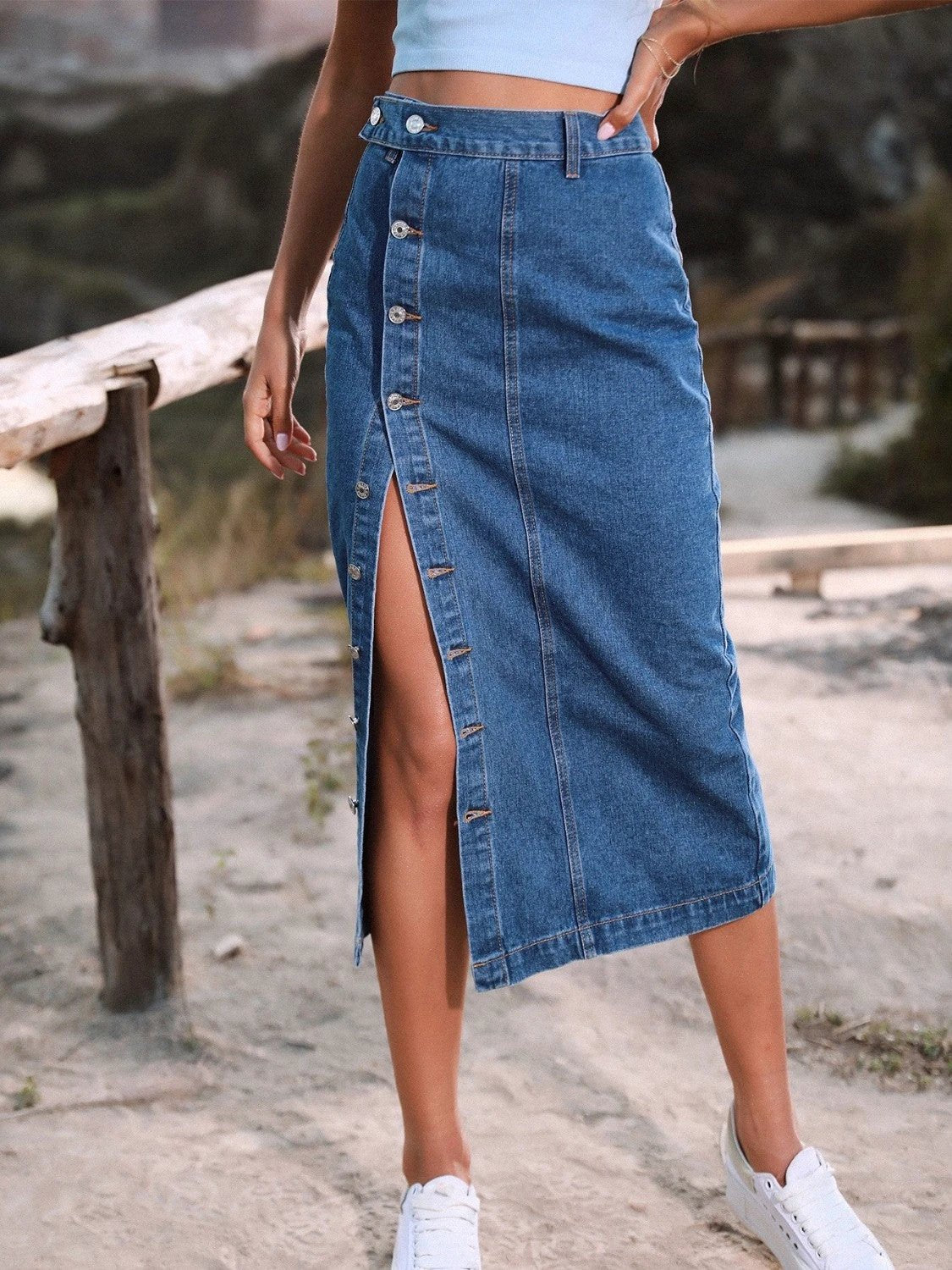 Button Down Denim Skirt by Lady Ros