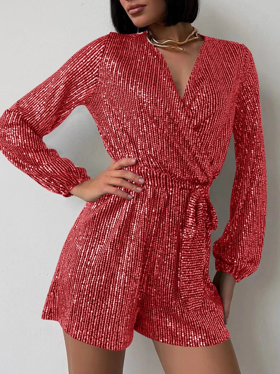 Full Size Sequin Surplice Tie Waist Long Sleeve Romper by Lady Ros