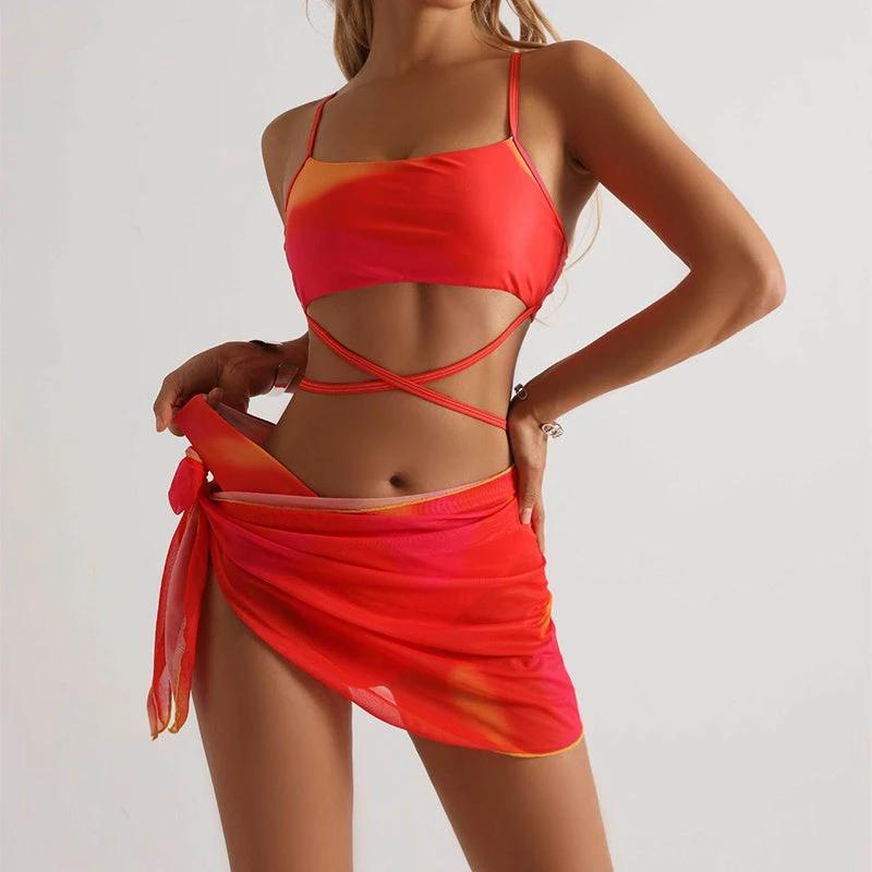 3pcs Tie Dye Print Bikini With Short Skirt Summer Beach Sexy Swimwear Womens Clothing by GJG Denim