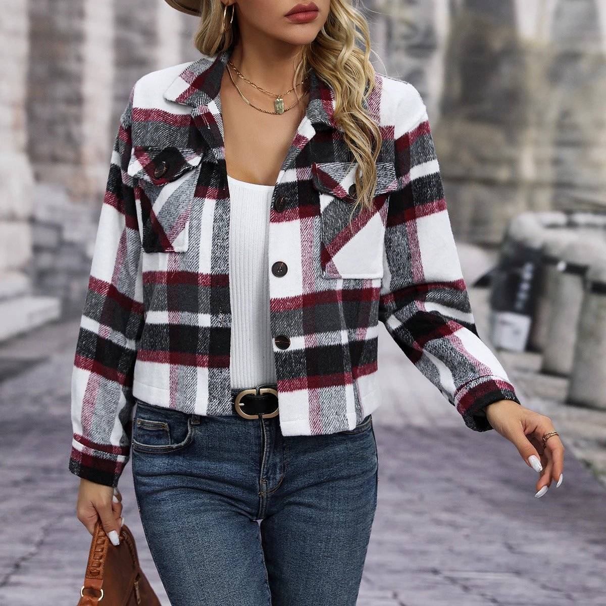 Autumn And Winter New Fashion Casual Pocket Plaid Women's Woolen Short Coat by GJG Denim