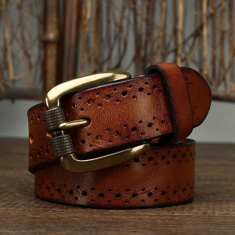 Hollowed-out First-layer Cowhide Pin-buckle Belt For Men by GJG Denim
