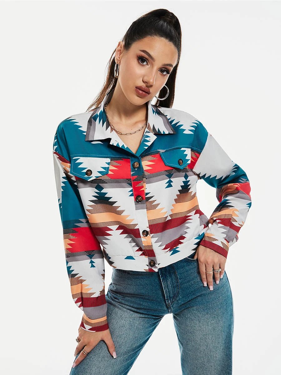 Coat Printing Long Sleeve Short Top by GJG Denim