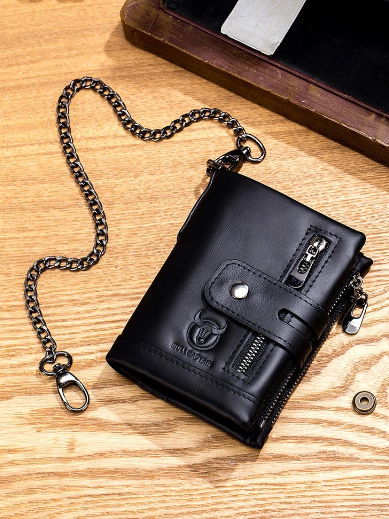 Men's Retro Genuine Leather Wallet Compact Bifold With Dual Zippers by GJG Denim