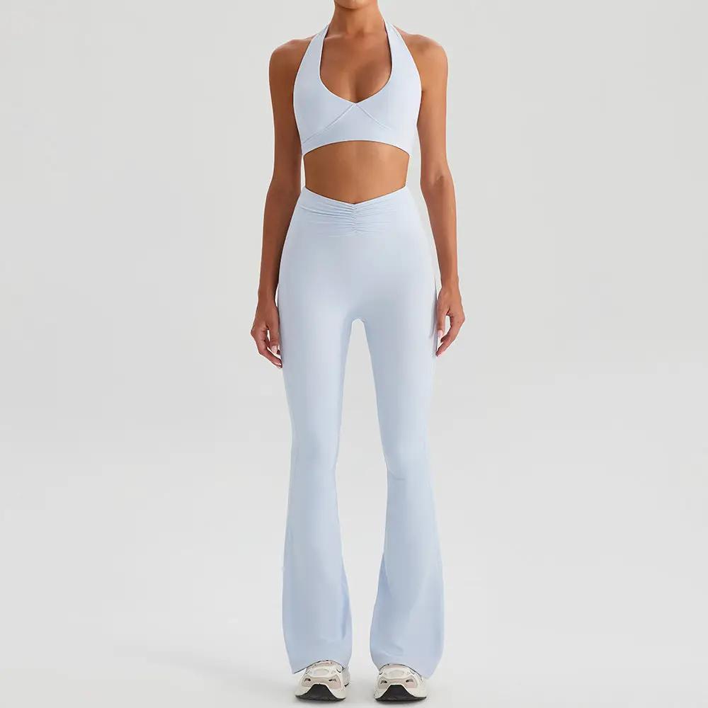 Yoga Sports Halter Bra And Tennis Skirt Two-Piece Set Outdoor Running Fitness Outfit Long And Short Pants Set by GJG Denim