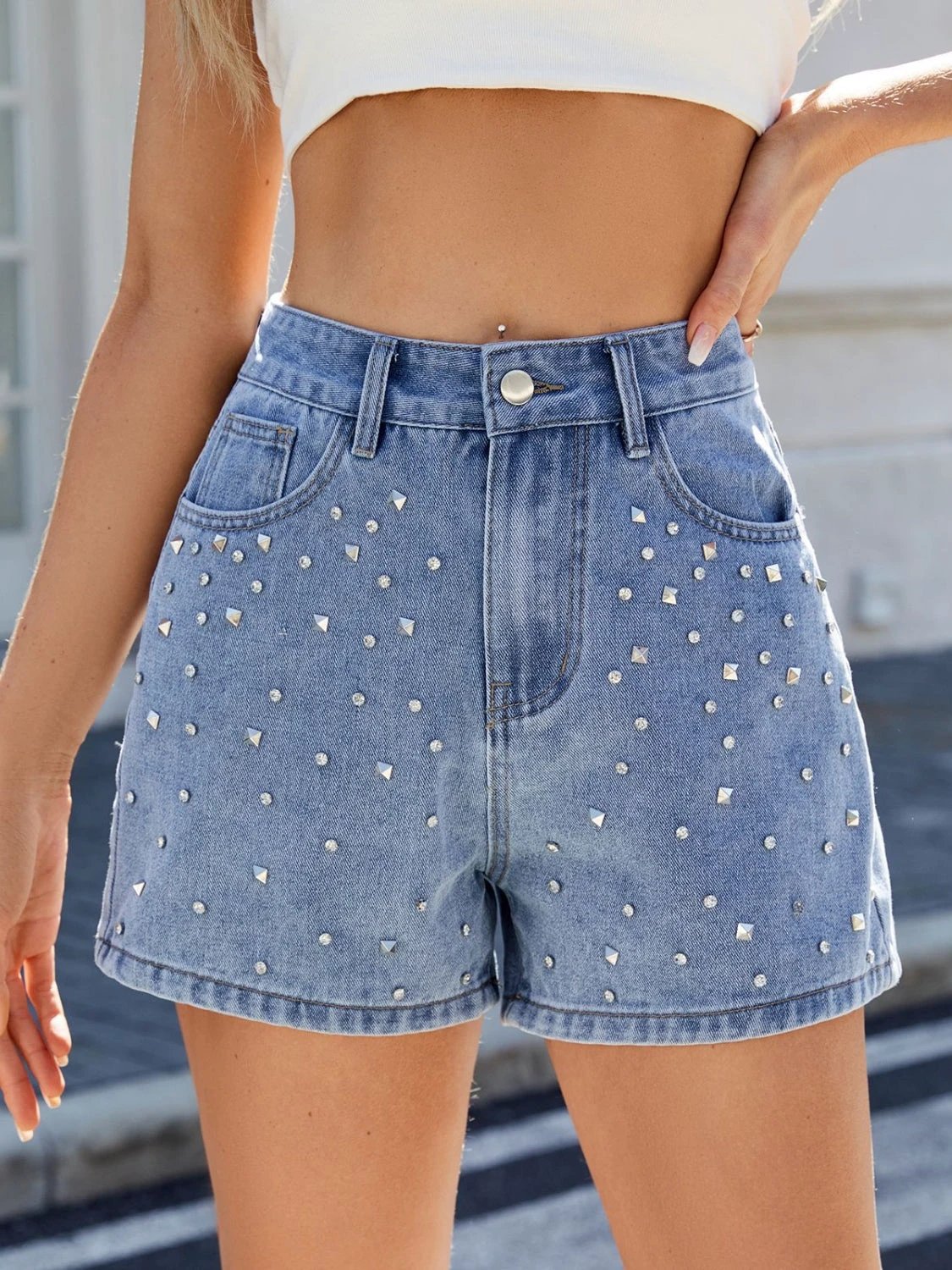 Rhinestone Washed High Waist Denim Shorts by Lady Ros