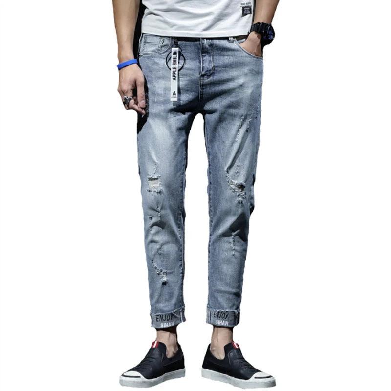 Men's Ripped Elastic Slim Straight Leg Jeans by GJG Denim