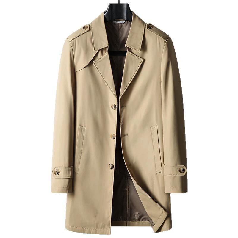 Men's Mid-length Lapel Single Breasted Business Casual Trench Coat by GJG Denim