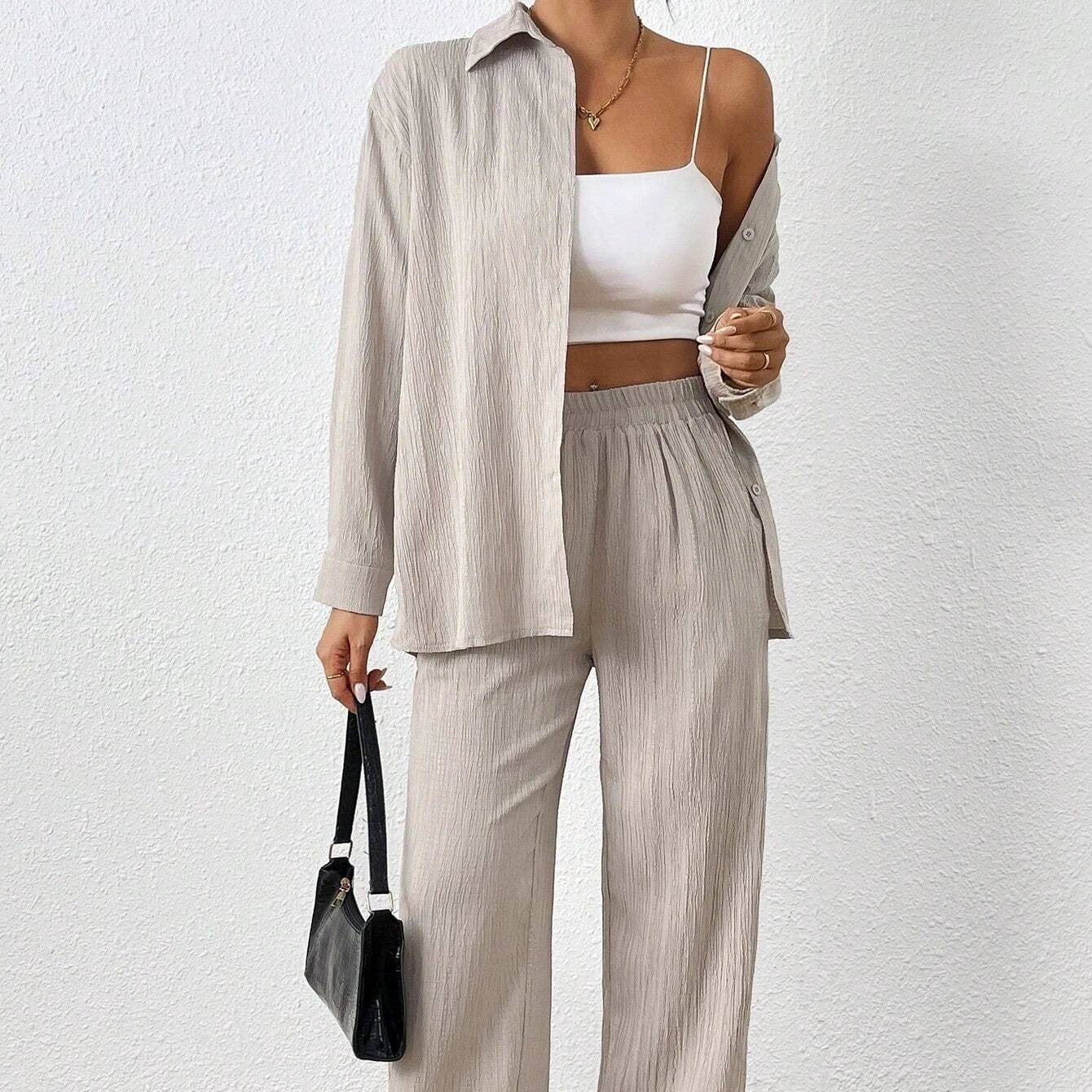 Solid Color Long Sleeved Shirt And Pants Set by GJG Denim