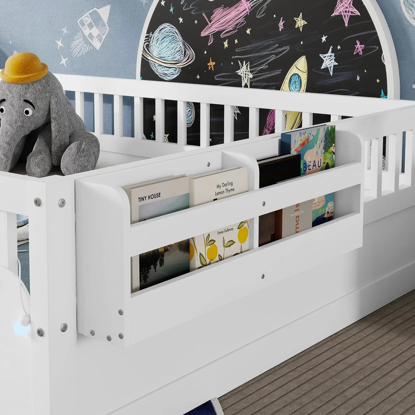 Full Montessori Floor Bed Frame With High Rails, Wood Kids Floor Beds With Light And Storage Shelf, White by GJG Denim