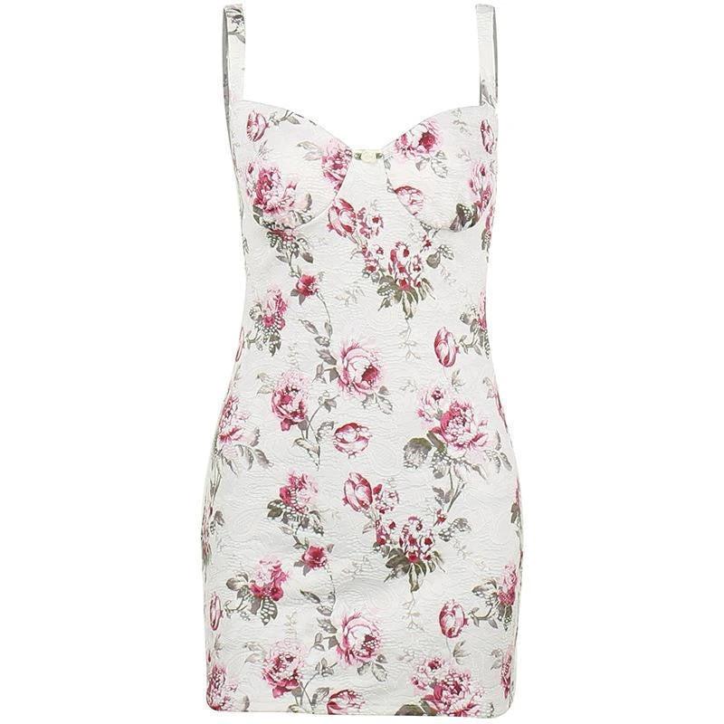 Womens Floral Print Deep V-Neck Suspender Dress by GJG Denim