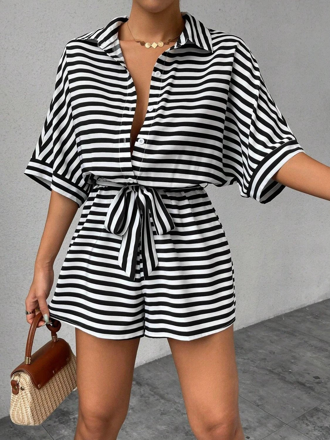 Tie Waist Half Button Striped Romper by VYSN