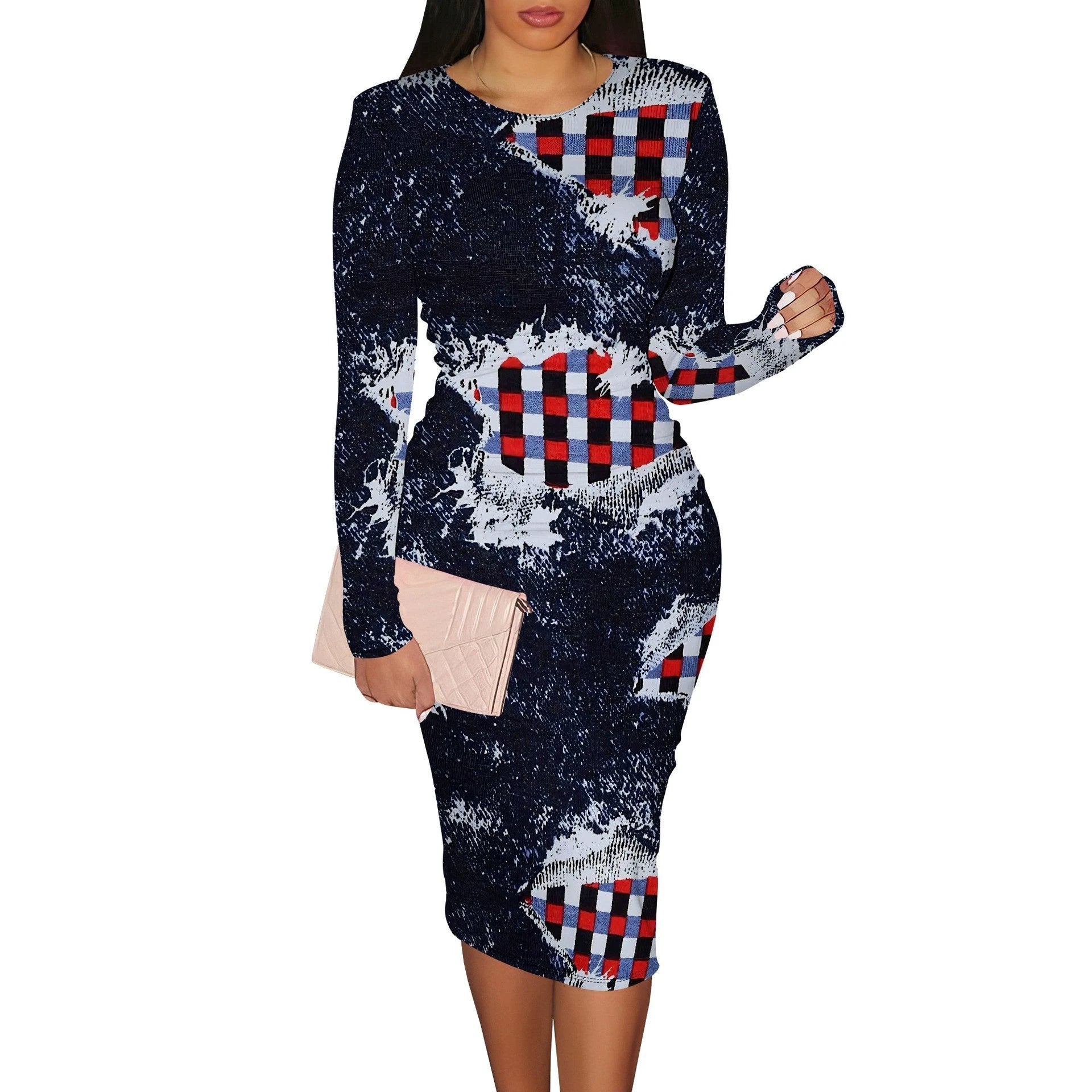 Women's Casual Printed Long-sleeve Round-collar Dress by GJG Denim