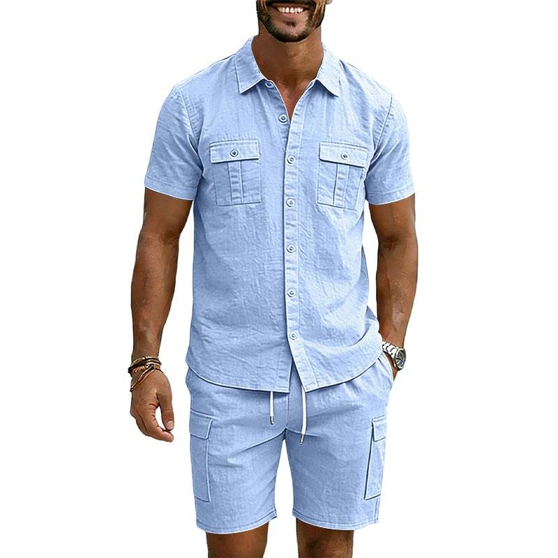 Men's Lapel Shirt And Multi-Pocket Shorts Set by GJG Denim
