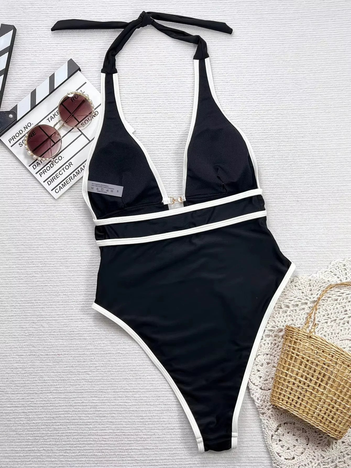 Sexy Bikini Suspender Deep V Black And White Cross Thin Swimsuit by GJG Denim