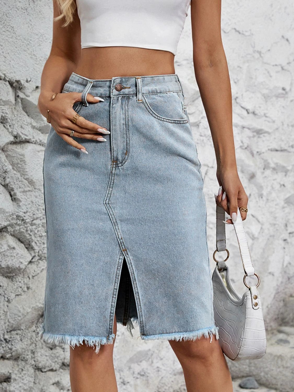 Raw Hem Slit Denim Skirt by Lady Ros