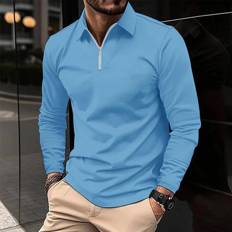 Zipper Men's Solid Color Long Sleeve Sports Polo Shirt by GJG Denim