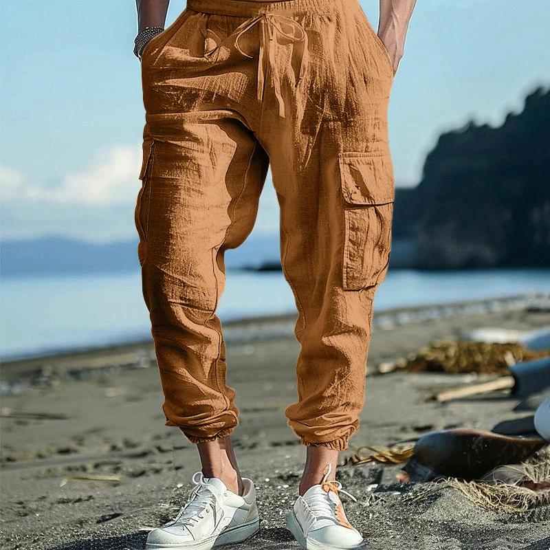 Men's Casual Ankle-tied Multi-pocket Tether Solid Color Loose Pants by GJG Denim
