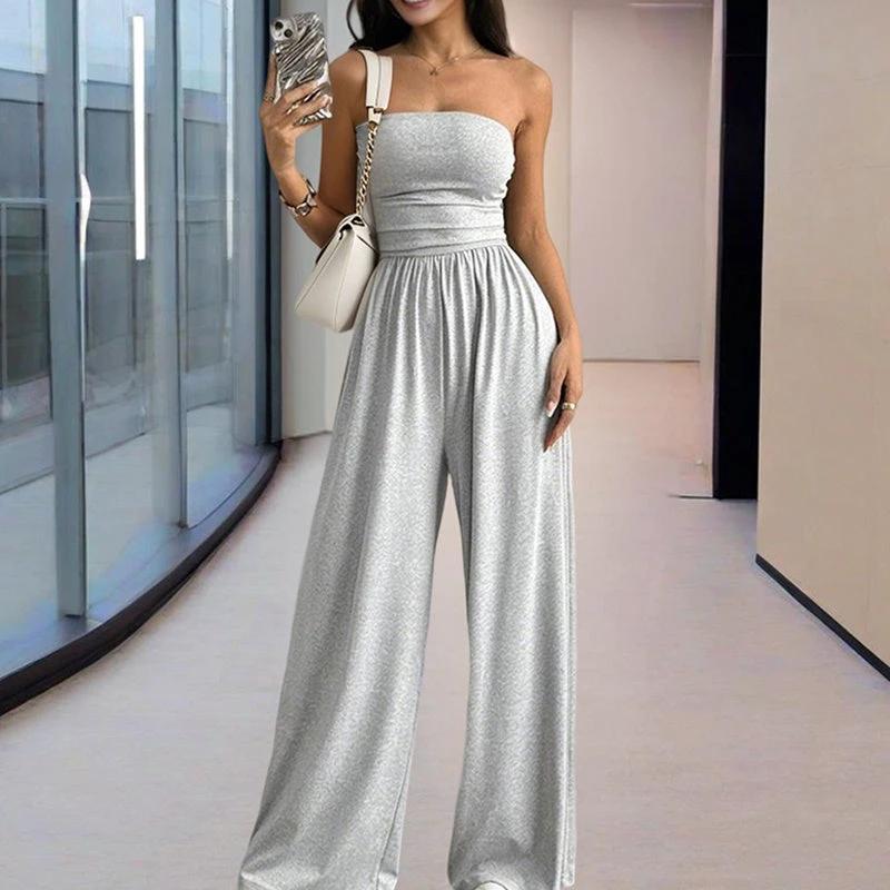 Women's Solid Color Strapless Jumpsuit Wide-Leg Palazzo Pants With Pleats Summer Fashion Outfit by GJG Denim