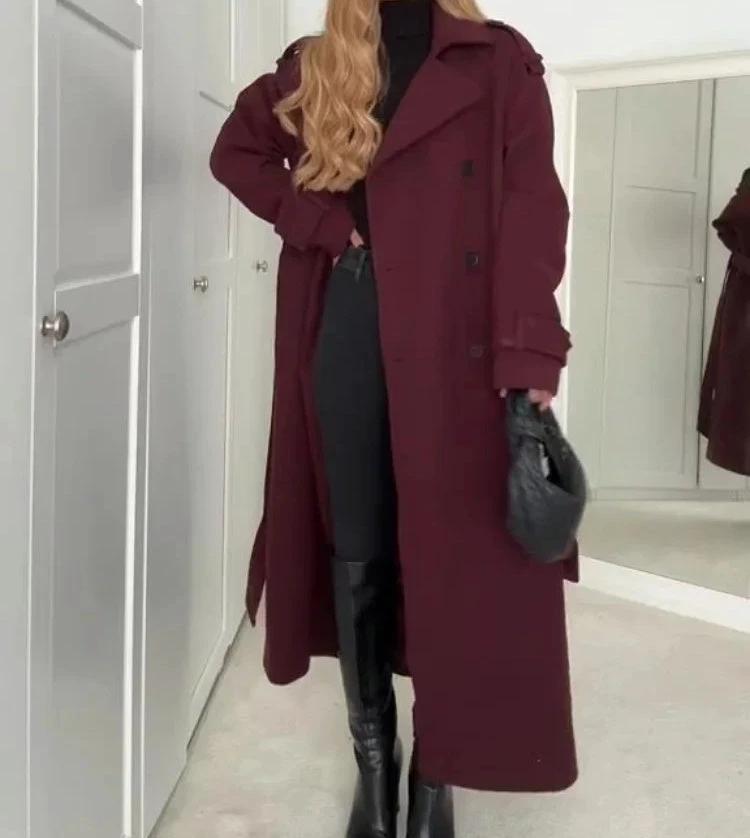 Fashion Lapel Woolen Coat With Belt Winter Double-breasted Trench Long Jacket For Women Clothing by GJG Denim