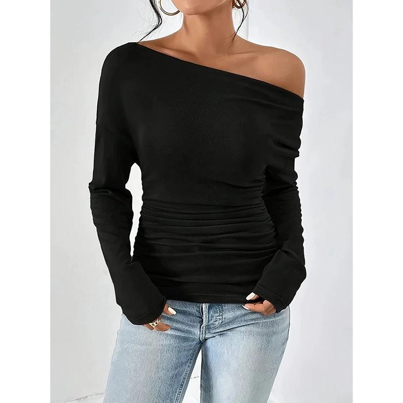 Women's Off The Shoulder Tops Long Sleeve T Shirts Going Out Tops Casual Trendy Ruched Slim Fitted Tees by GJG Denim