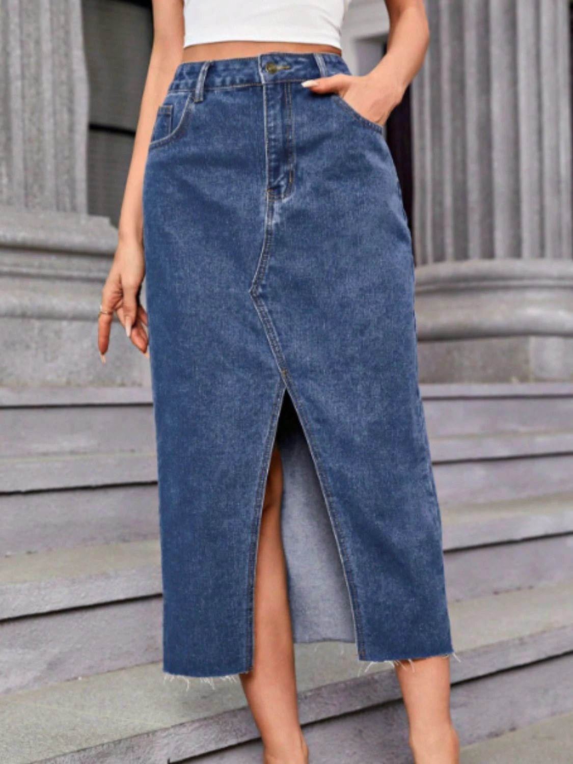 Slit Midi Denim Skirt with Pockets by Lady Ros