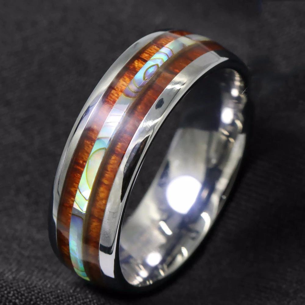 8mm Wood Grain Shell Titanium Steel Ring For Men by GJG Denim