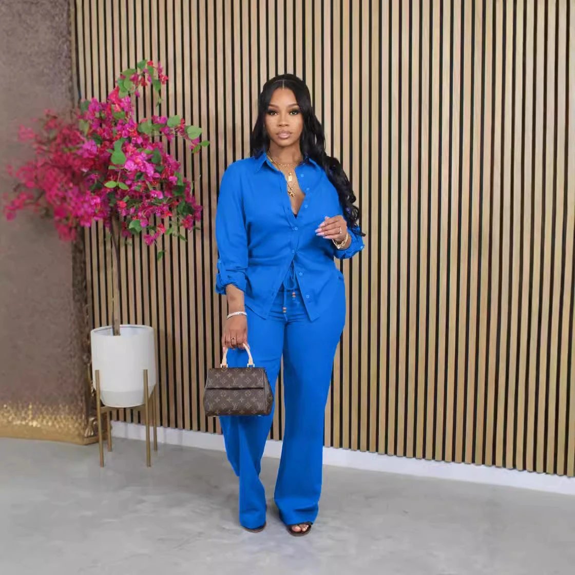Women's Solid-color Drawstring Two-piece Set by GJG Denim