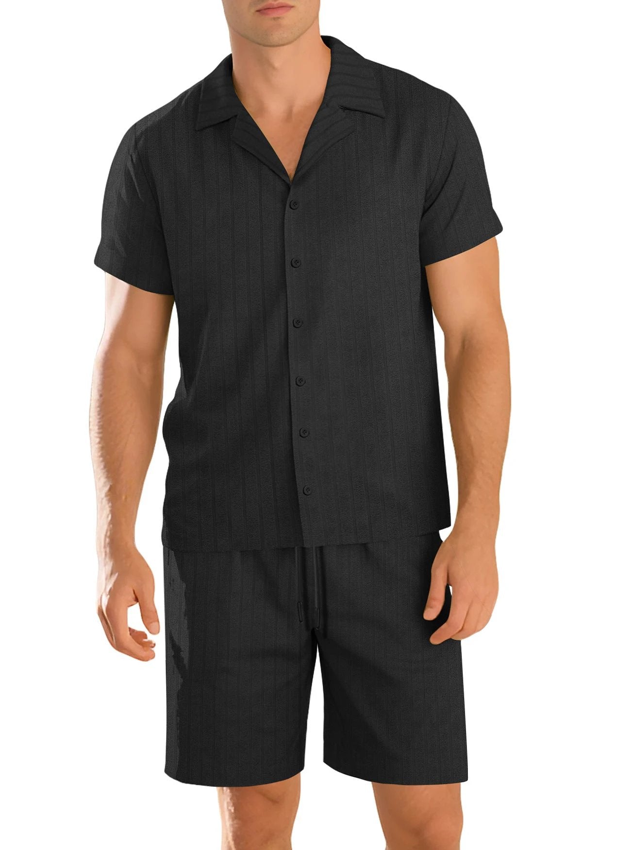 Men's Casual Button-Down Short-Sleeve Shirt And Shorts Set by GJG Denim