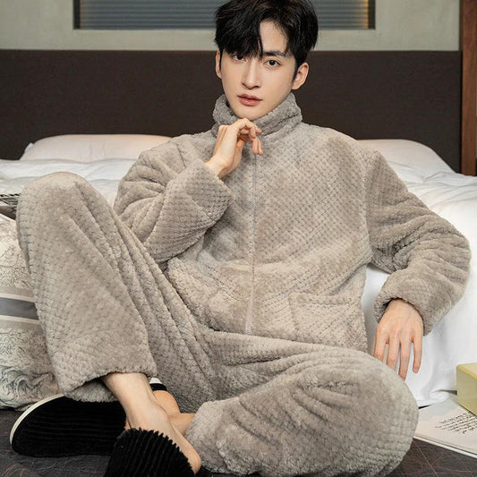 Pajamas Men's Jacquard Flannel Loose Fleece-lined Warm Loungewear by GJG Denim