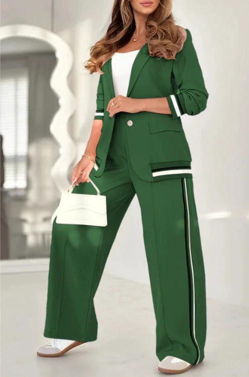 2 Pcs Set Women Suit Coat Pants Suit Lapel Long Sleeves Lady Jacket Wide Leg High Waist Trousers Female Commuting Office Outfit by GJG Denim