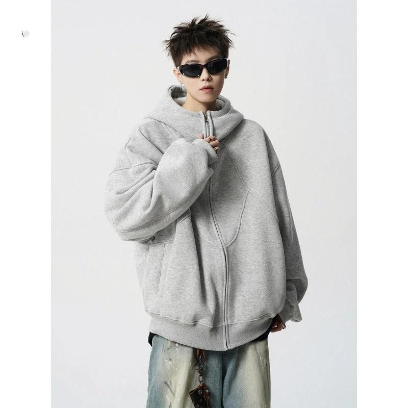 Men's Loose Design Stitching Zip-up Hooded Sweater by GJG Denim