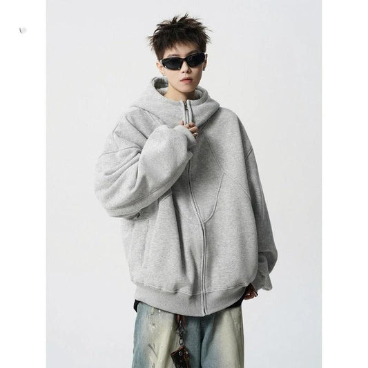Men's Loose Design Stitching Zip-up Hooded Sweater by GJG Denim