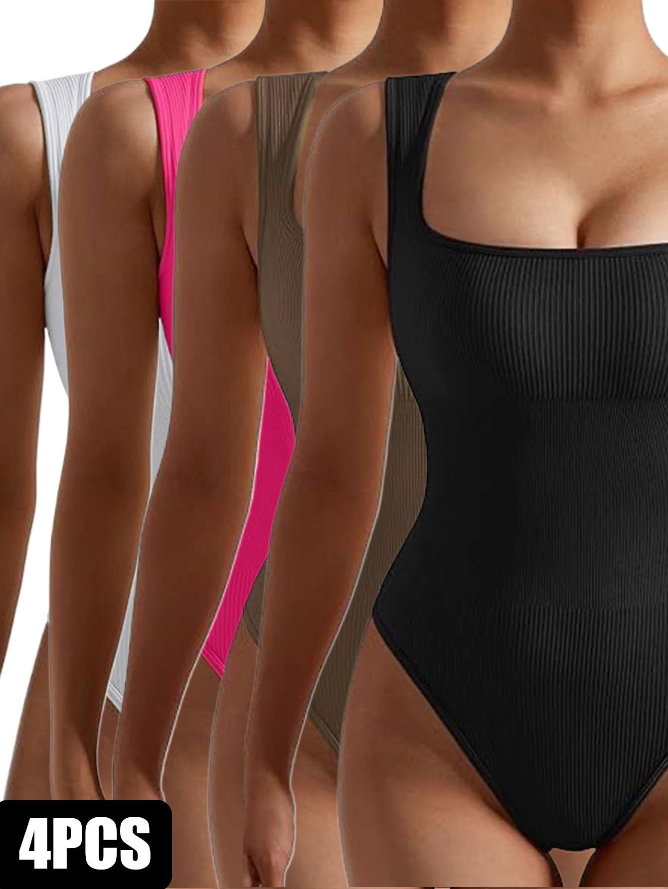 4 Pack Women body suit One Piece Bodycon Unitards Tummy Control Bodysuit Square neck by GJG Denim