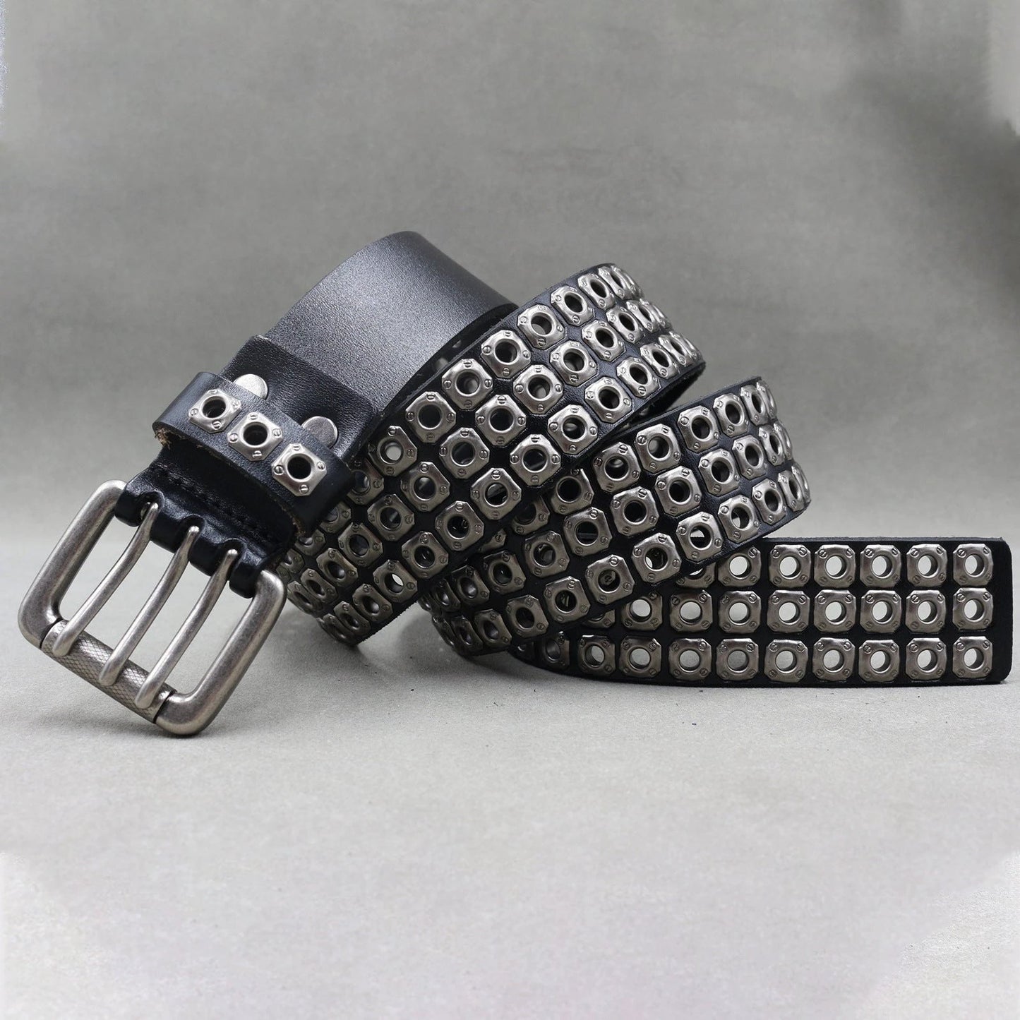 Men's Punk Eyelet Hollow-out Rivets Real Cowhide Belt by GJG Denim