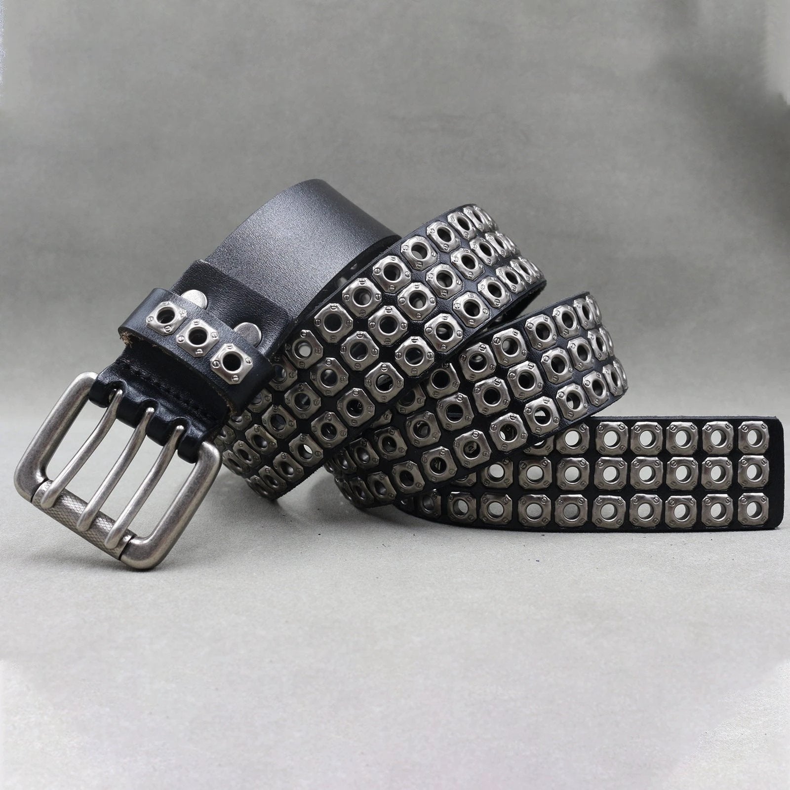 Men's Punk Eyelet Hollow-out Rivets Real Cowhide Belt by GJG Denim