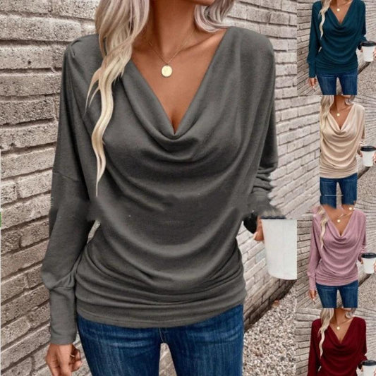 Women's V-neck Pile Collar Solid Color Knitted Long Sleeve Loose T-shirt by GJG Denim