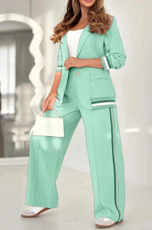 2 Pcs Set Women Suit Coat Pants Suit Lapel Long Sleeves Lady Jacket Wide Leg High Waist Trousers Female Commuting Office Outfit by GJG Denim