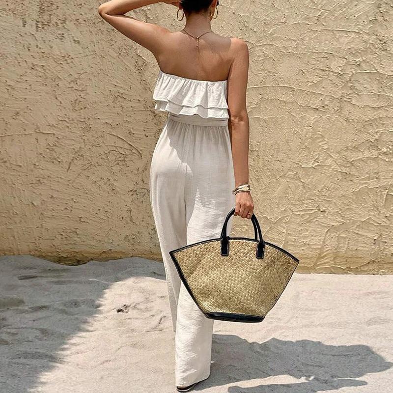 Women's Summer Sleeveless Tube Top Jumpsuit Ruffled Tied Jumpsuit by GJG Denim