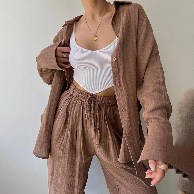 Women's Solid Color Lapel Collar Long Sleeve Shirt & High-Waist Pants Set - Casual Loose Fit Spring&Summer Outfit by GJG Denim